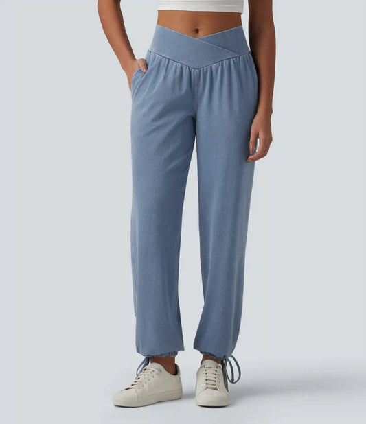 Halara Flex™ Mid Rise Crossover Drawstring Denim Casual Joggers with Pockets