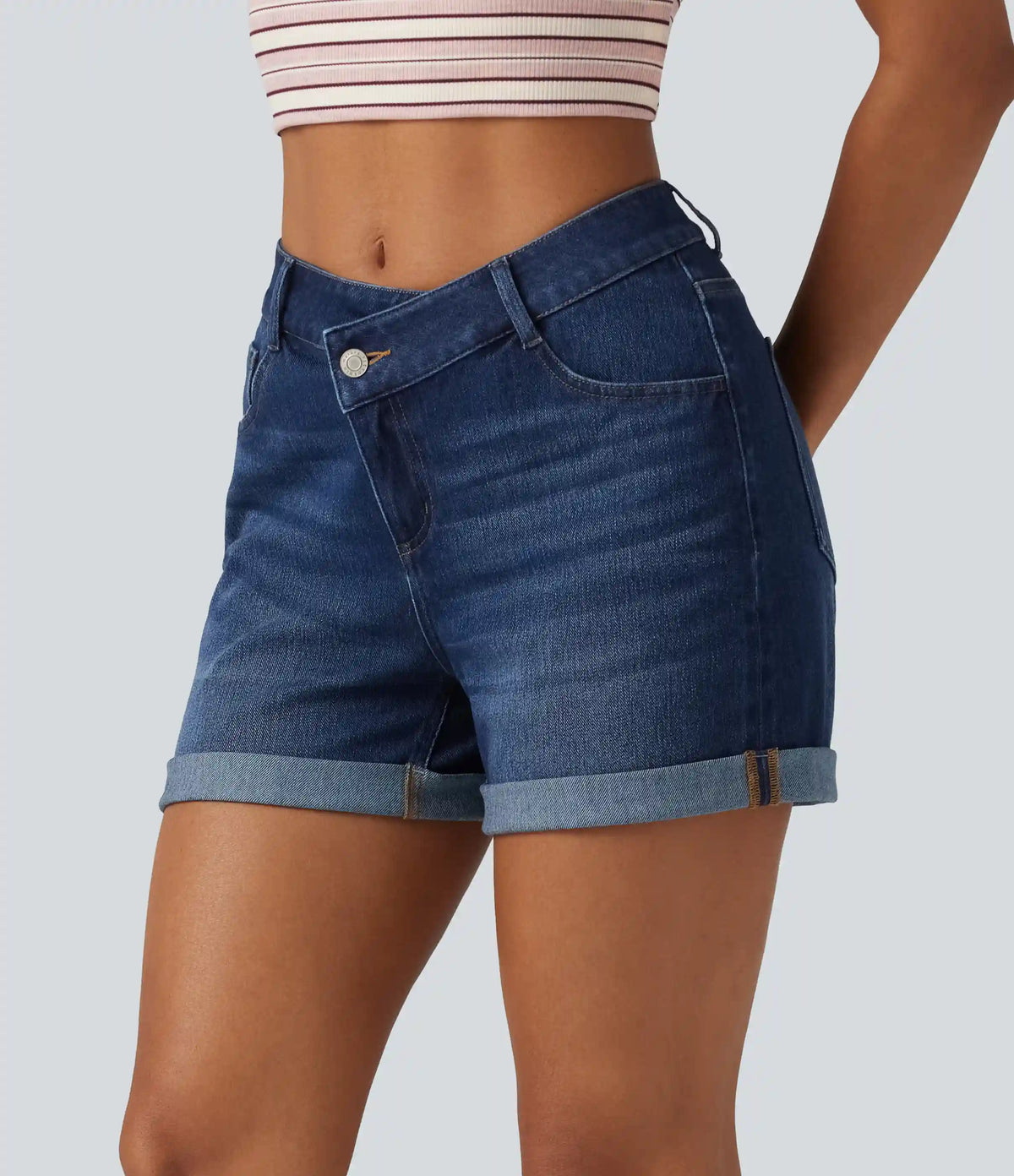 Halara Flex™ Asymmetric High Waisted Rolled Hem Washed Denim Casual Shorts with Pockets