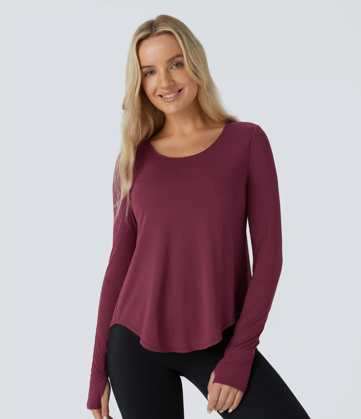 Cowl Back Round Neck Thumb Hole Curved Hem Yoga Sports Top