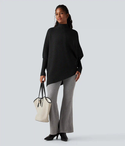 High Neck Batwing Long Sleeve Asymmetric Hem Work Sweater