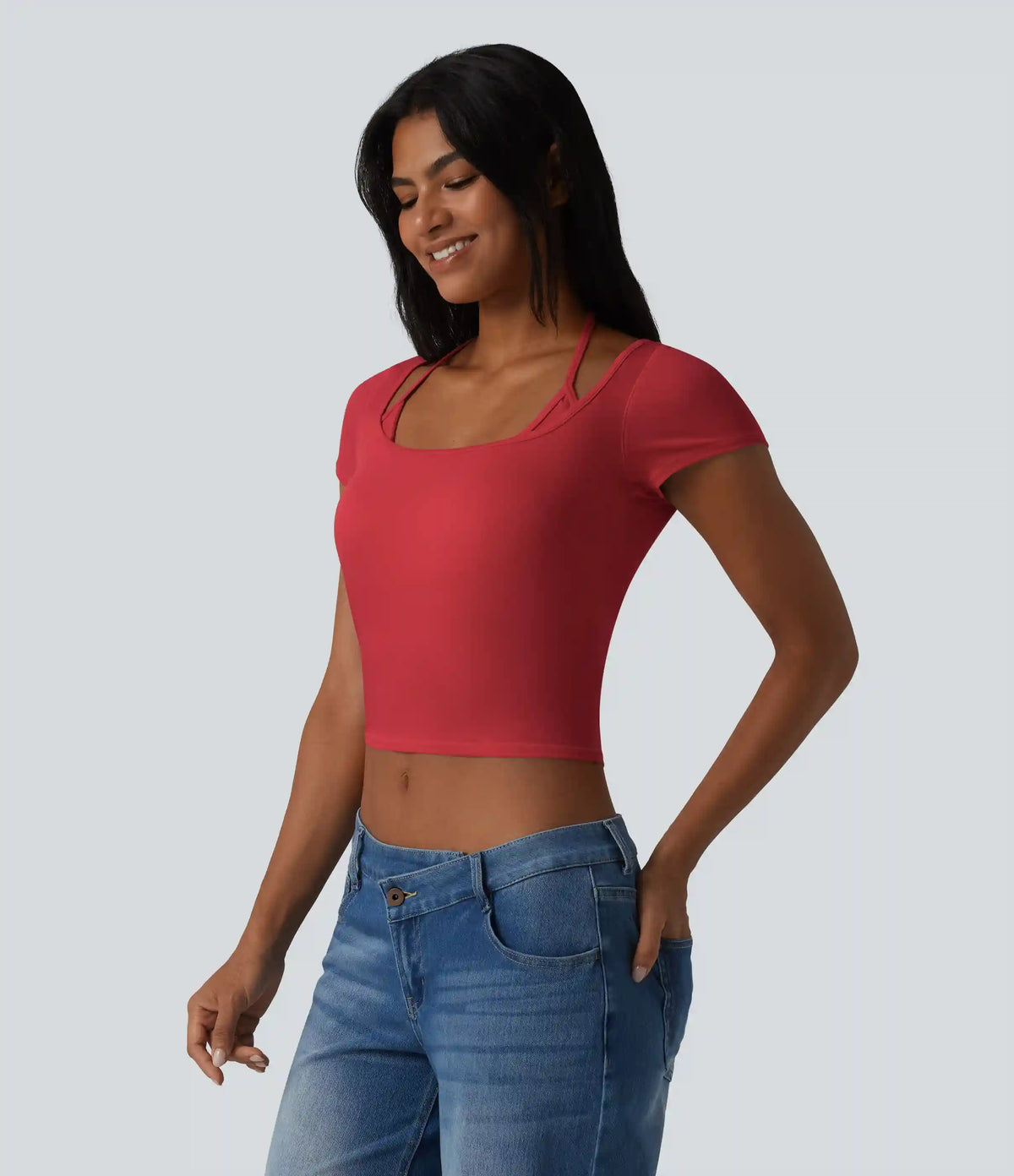 Ribbed Halter Tie Back Built-in Bra Short Sleeve Cropped Casual T-Shirt