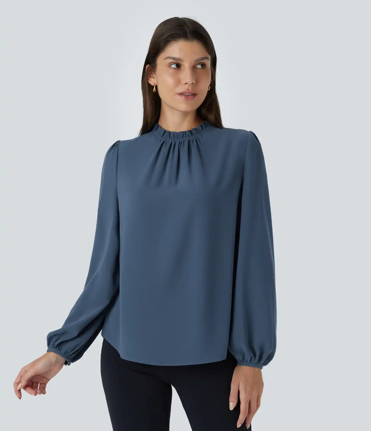 Frill Round Neck Keyhole Back Long Sleeve Work Blouse