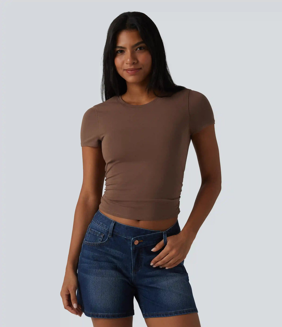 Halara Cotton Jersey Round Neck Short Sleeve Ruched Built-in Bra Casual T-Shirt