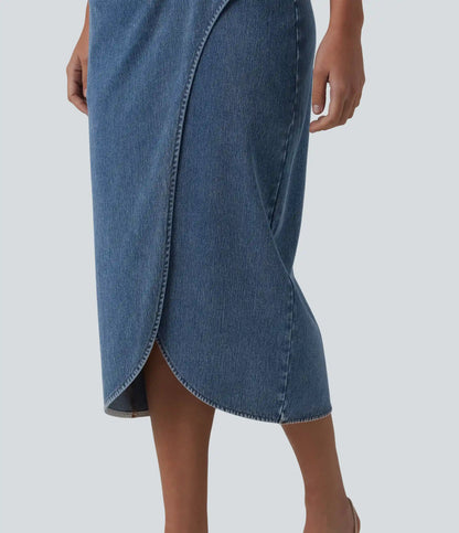 Halara Flex™ High Waisted Back Zipper Ruched Tulip Hem Midi Washed Denim Casual Skirt