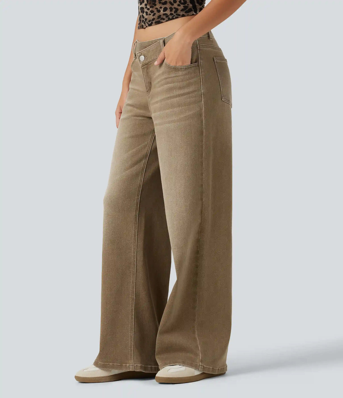 Low Rise Asymmetric Wide Leg Colorful Casual Jeans with Pockets