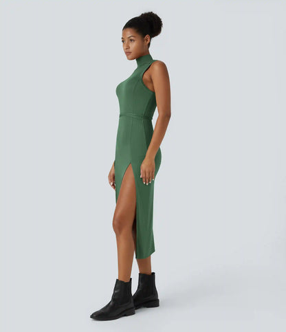 Ribbed Hooded High Neck Sleeveless Cut Out Tie Back 2-Piece Midi Casual Dress