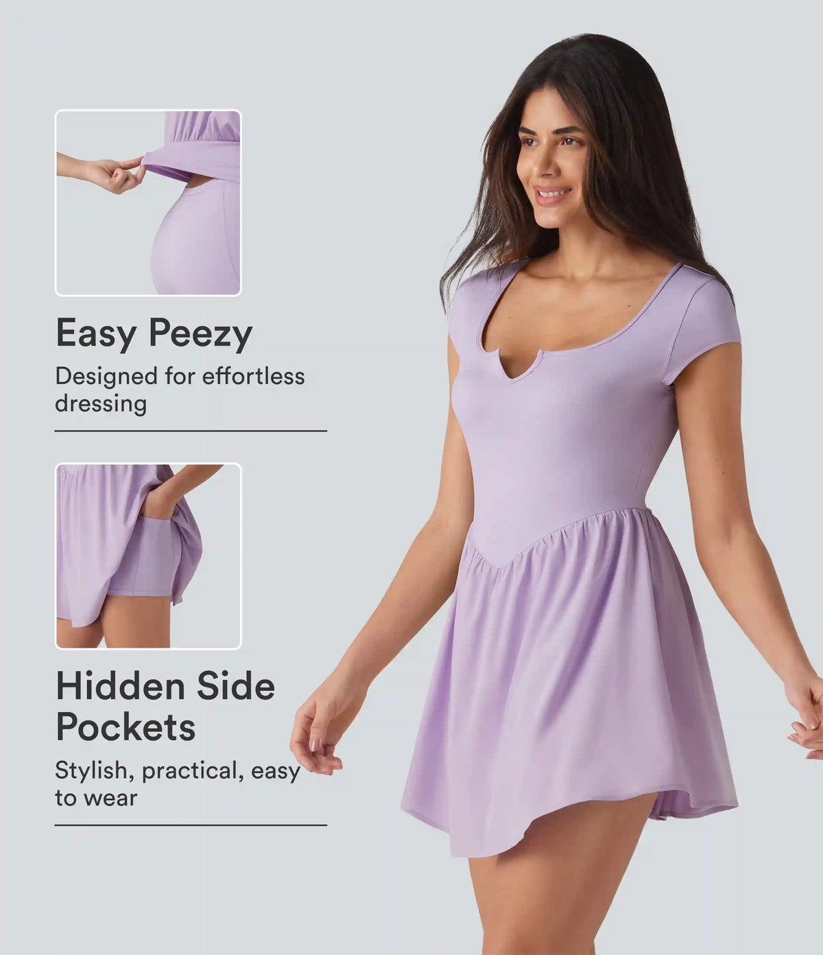 Notched Short Sleeve 2-in-1 Mini Tennis Active Dress with Pocket-Easy Peezy Edition