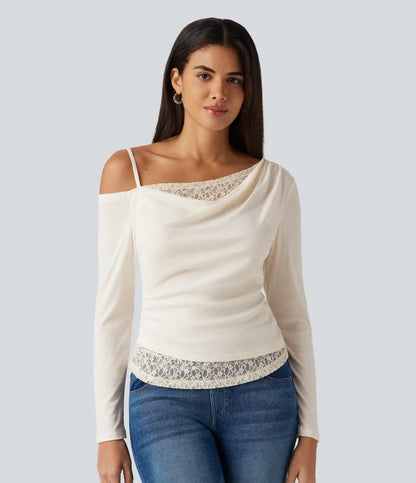 One Shoulder Long Sleeve 2-in-1 Contrast Lace Casual Top