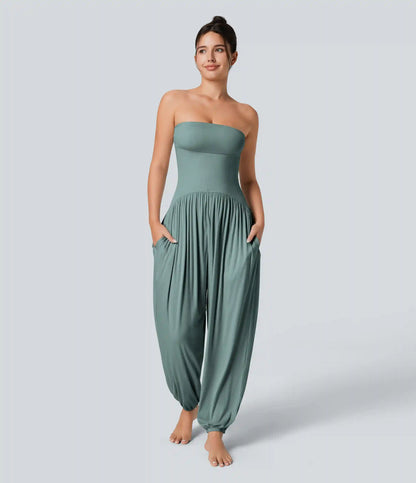 Ribbed Tube Backless Side Pocket Casual Jumpsuit
