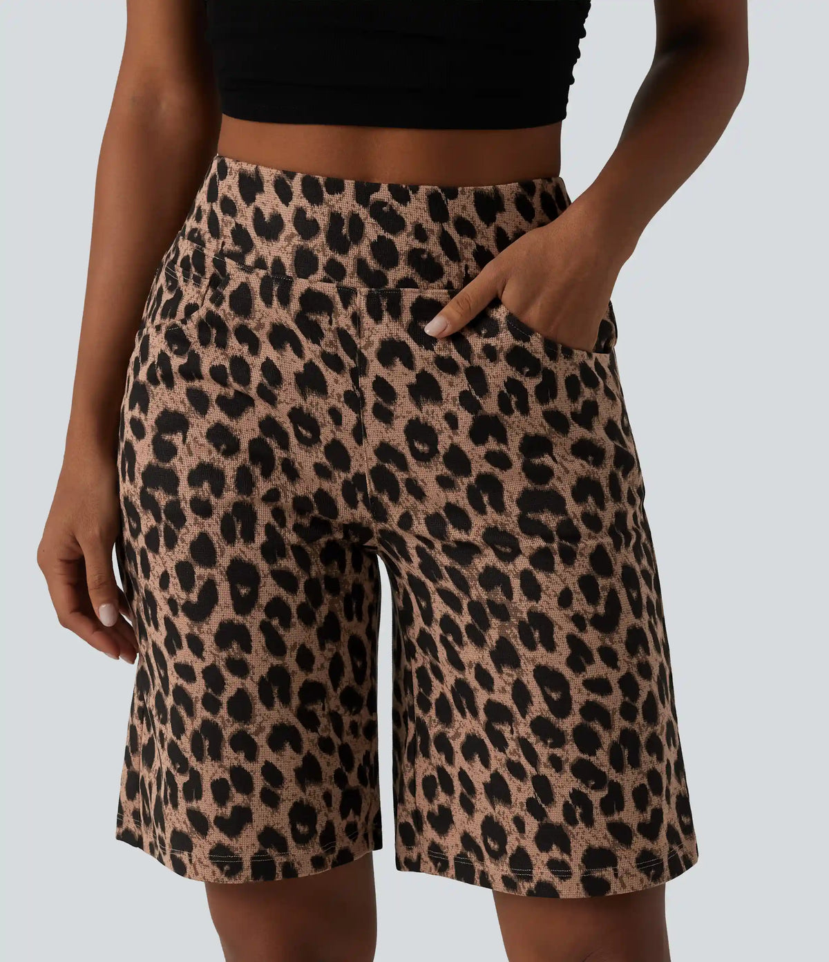 High Waisted Leopard Waffle Casual Baggy Bermuda Shorts 10'' with Pockets