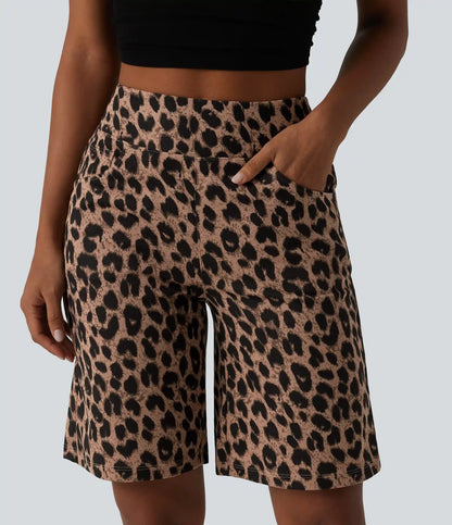 High Waisted Leopard Waffle Casual Baggy Bermuda Shorts 10'' with Pockets