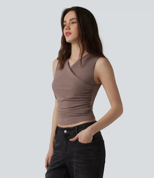 Ribbed Knit V-neck Crossover Ruched Casual Tank Top