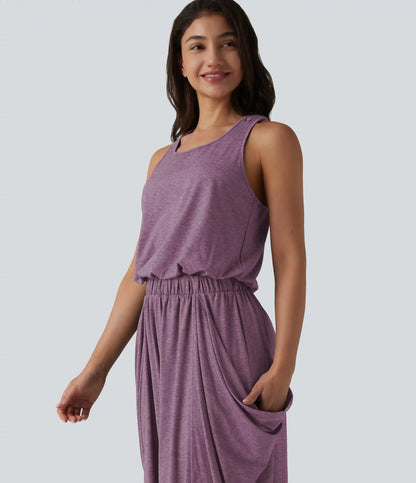 Sleeveless Cut Out Wide Leg Casual Jumpsuit with Pockets-Easy Peezy Edition