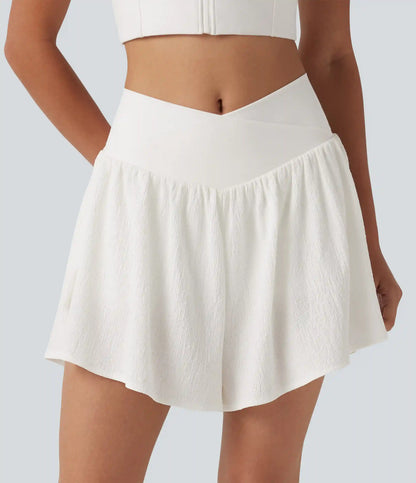 Crossover High-waisted Split Hem 2-in-1 Crinkle Running Shorts with Pockets