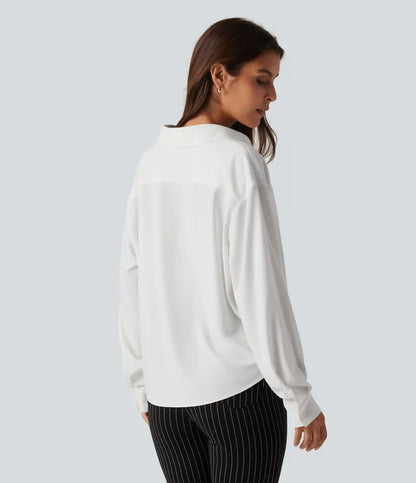 Collared Long Sleeve Curved Hem Work Blouse