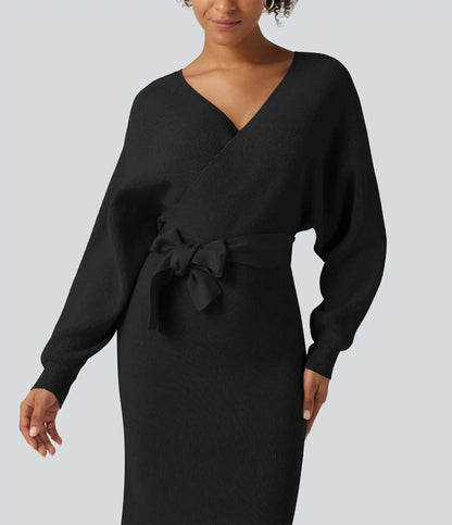 Crossover V Neck Batwing Long Sleeve Belted Midi Casual Sweater Dress