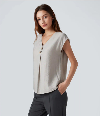 V Neck Cap Sleeve Decorative Work Blouse