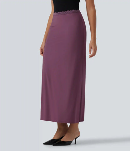 Mid Rise Contrast Lace Stretchy Satin-Like InstantCool Maxi Party Pencil Skirt