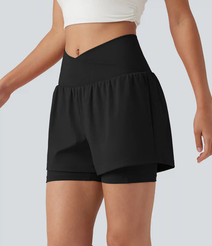 SoftlyZero™ Airy High Waisted Crossover 2-in-1 InstantCool Yoga Shorts 5'' with Pockets