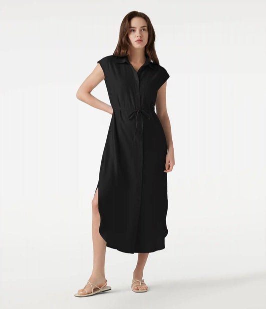 Collar Cap Sleeve Belted Curved Split Hem Midi Casual Linen-Blend Shirt Dress with Pockets