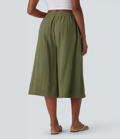 Mid Rise Wide Leg Flowy Linen-Feel Pants with Pocket