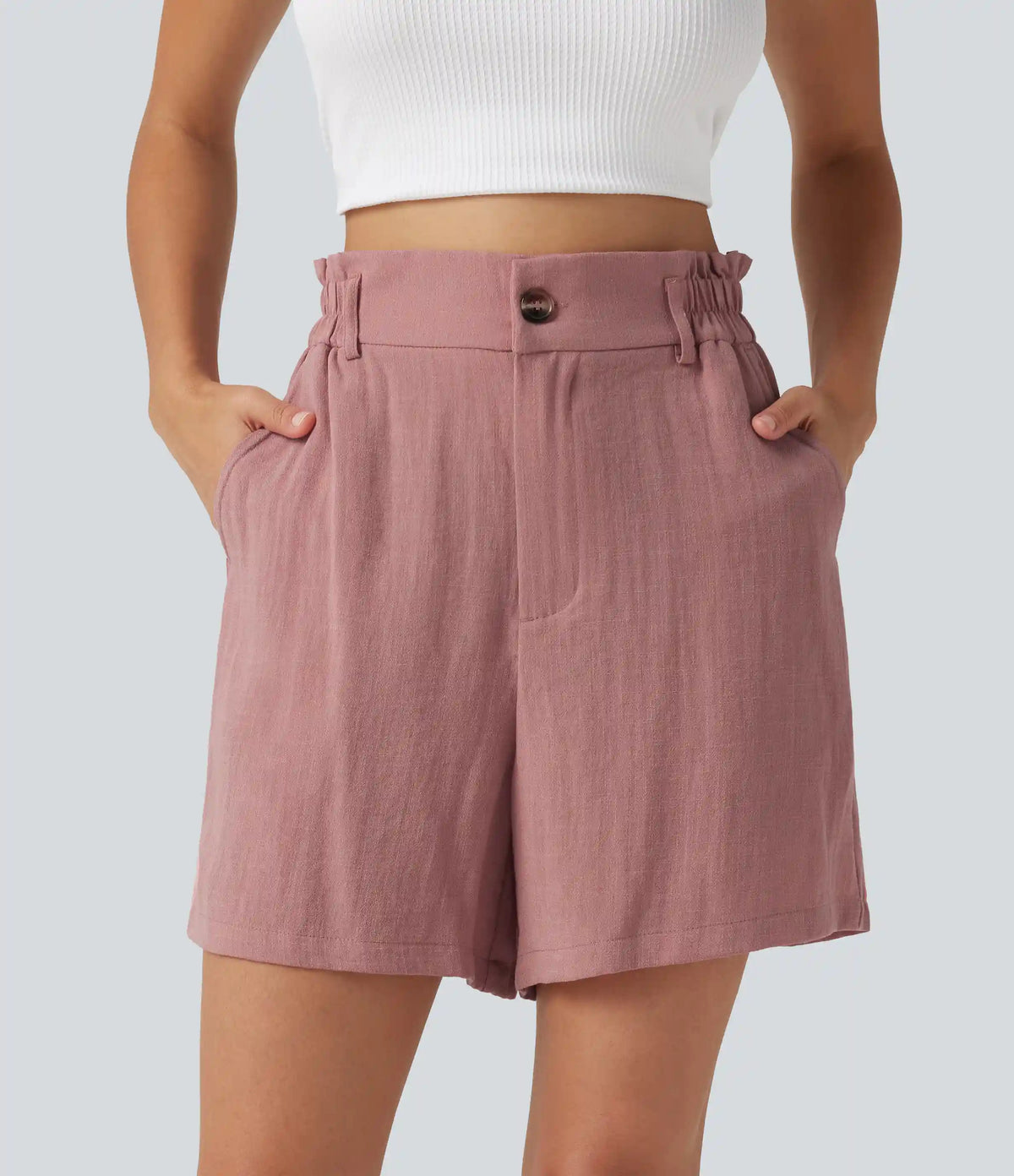 High Waisted Casual Linen-Feel Shorts 5“ with Pockets