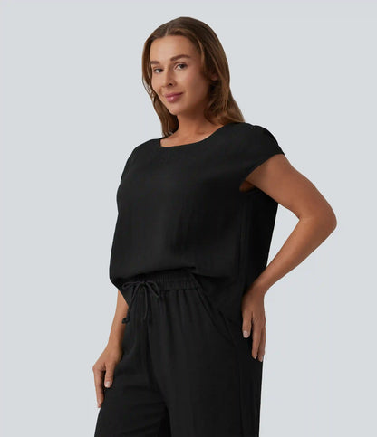 Round Neck Batwing Sleeve Casual Linen-Feel Top