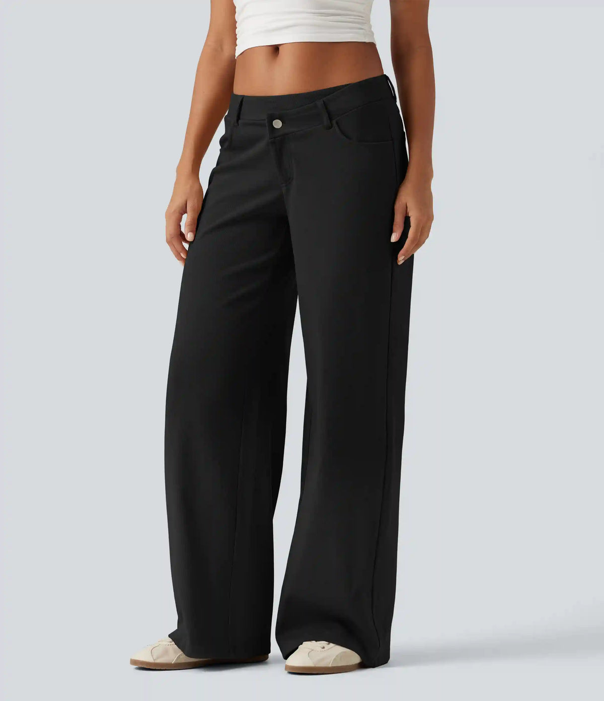 Low Rise Asymmetric Wide Leg Casual Cotton Pants with Pockets