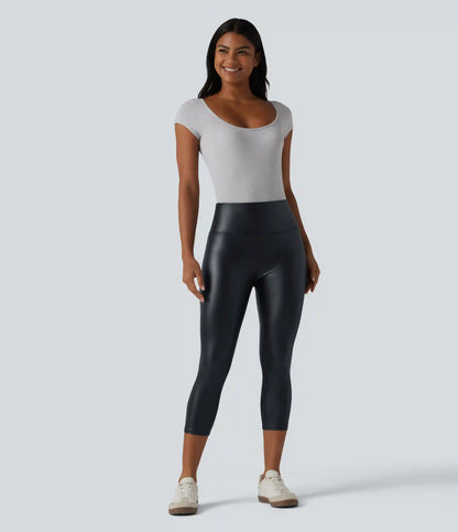 High Waisted Tummy Control Stretchy PU Casual Capri Leggings with Pockets