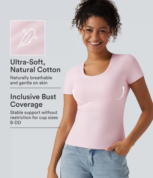Halara Cotton Jersey Scoop Neck Short Sleeve Built-in Bra Casual T-Shirt B-DD Cups