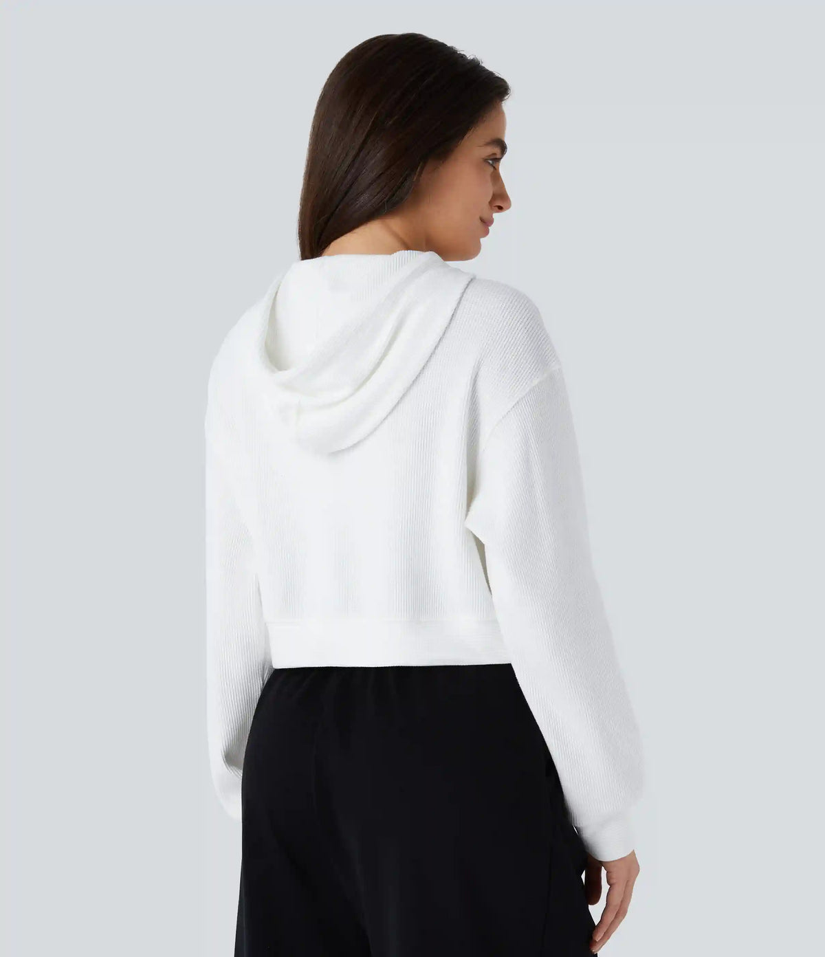 Waffle Hooded Drawstring Zipper Cropped Casual Cotton Sports Sweatshirt