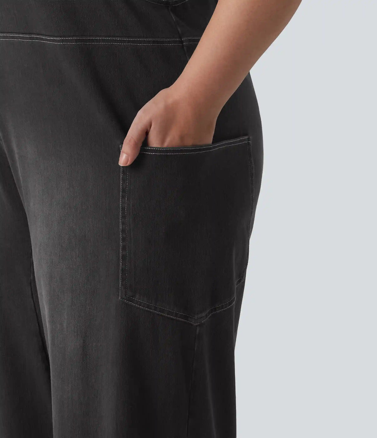 Halara Flex™ V Neck Washed Denim Casual Plus Size Overalls with Pockets