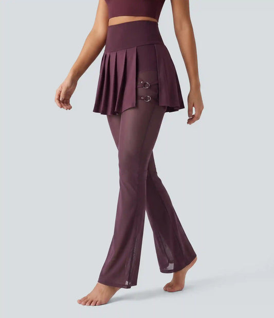 Breezeful™ High Waisted Pleated 2-in-1 Contrast Mesh Quick Dry Flare Dance Skirted Leggings with Pockets