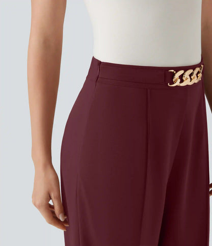 High Waisted Metal Chain Straight Leg Work Pants with Pockets