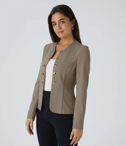Round Neck Long Sleeve Decorative Button Slim Work Blazer
