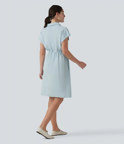 Collared Drawstring Button Fly Draped Casual Denim Shirt Dress with Pockets