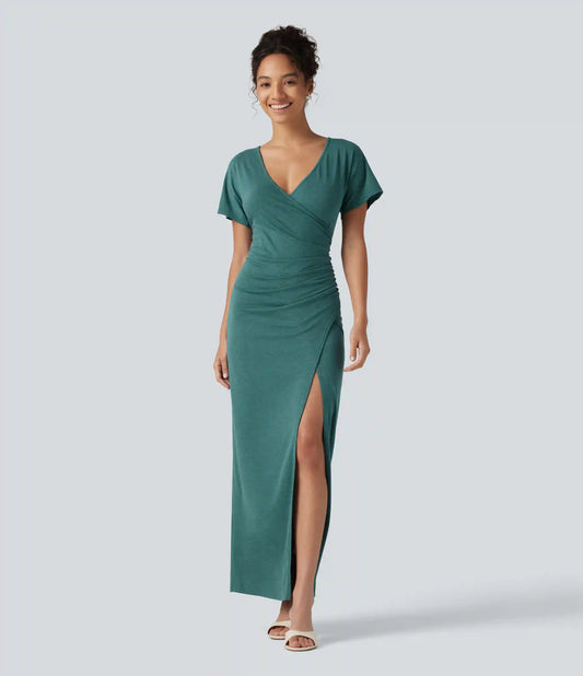 V-neck Batwing Sleeve Ruched Split Maxi Casual Bodycon Dress