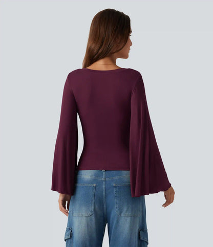 Ribbed V Neck Flounce Sleeve Ruched Casual T-Shirt