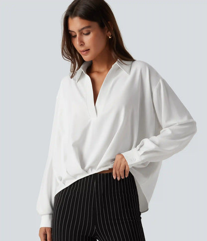 Collared Long Sleeve Curved Hem Work Blouse