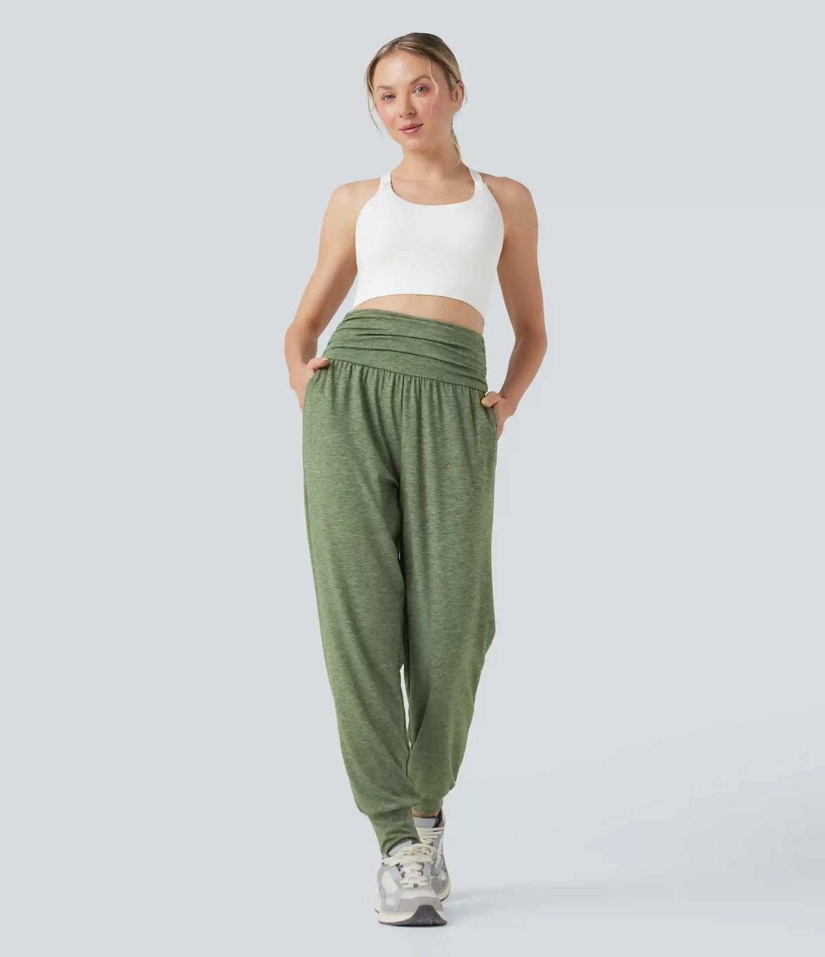 High Waisted Ruched Heathered Yoga Joggers with Pockets