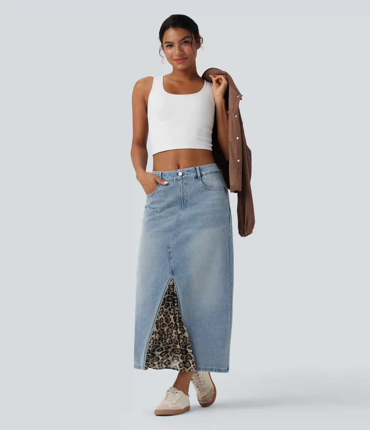 Halara Flex™ Mid Rise Contrast Leopard Mesh Midi Denim Casual A-line Skirt with Pockets