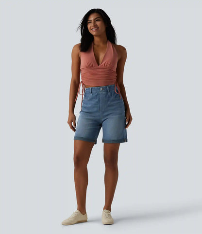 Halara Flex™ High Waisted Tummy Control Rolled Hem Skinny Casual Denim Shorts with Pockets