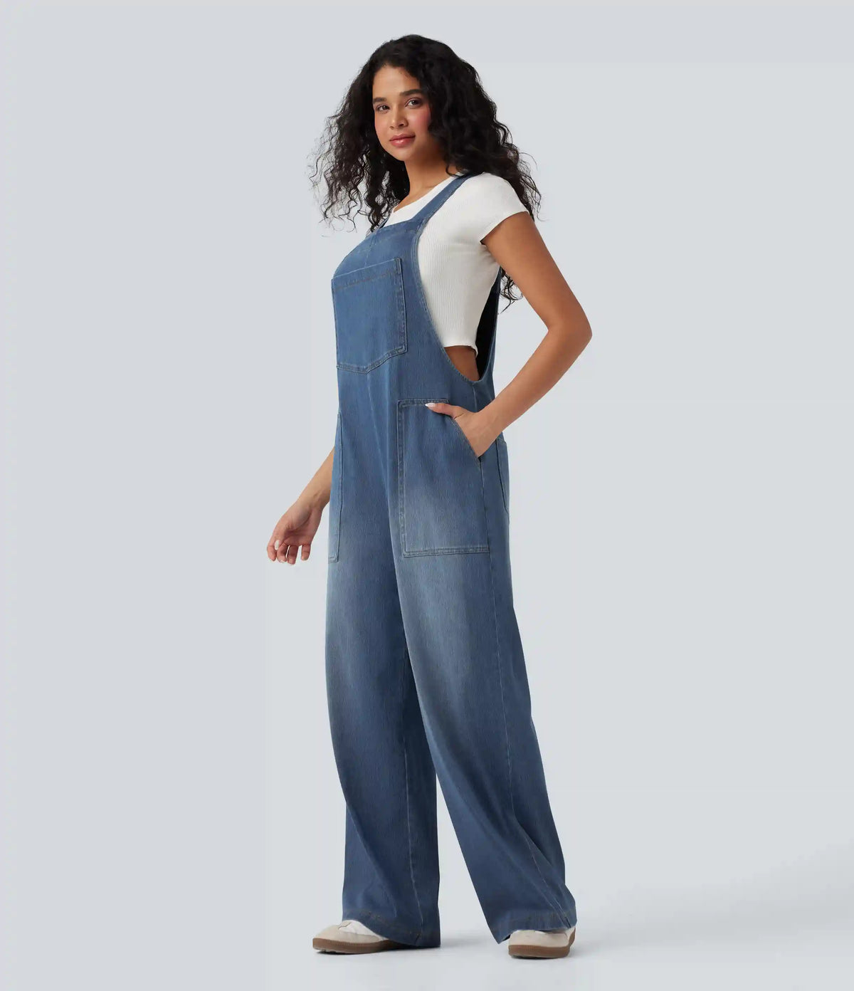 Halara Flex™ Square Neck Washed Denim Casual Overalls with Pockets