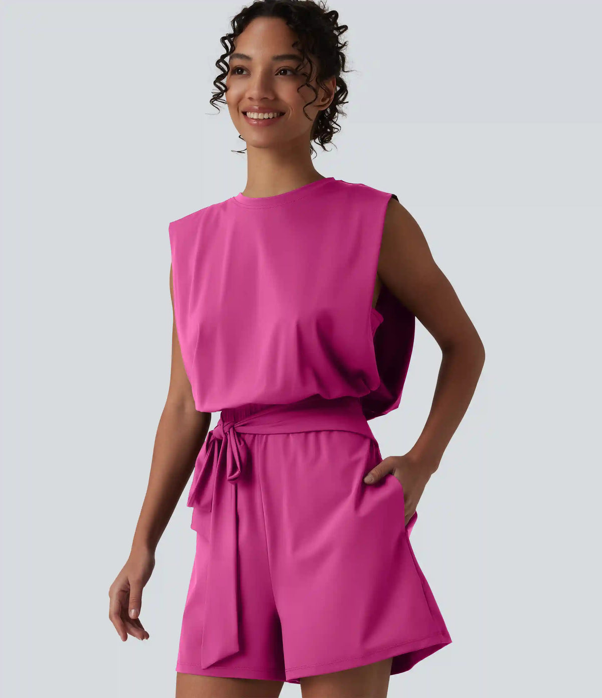 Round Neck Sleeveless Tie-front Cool Touch Casual Romper with Pockets-Easy Peezy-UPF50+