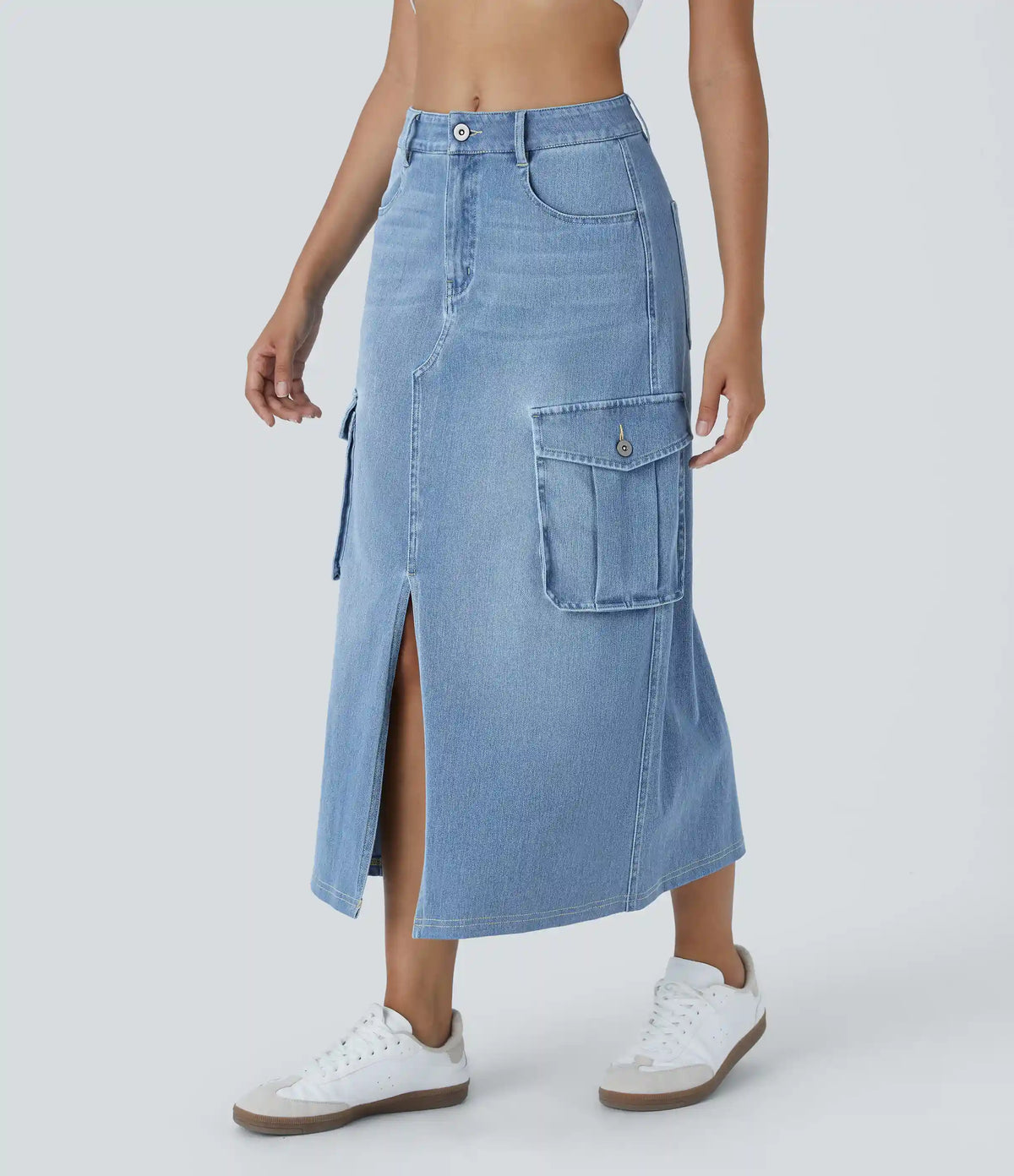 Halara Flex™ Mid Rise Zipper Pockets A Line Denim Maxi Casual Cargo Skirt