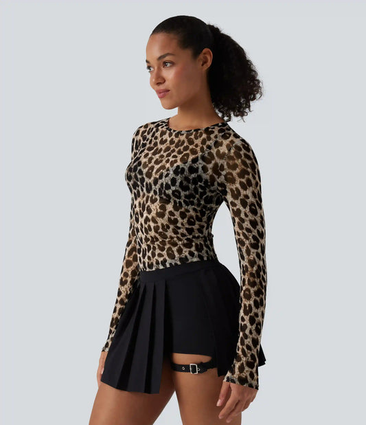 Round Neck Long Sleeve Leopard Print Sheer Mesh Casual Top