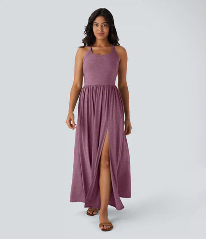 Twisted Backless Split Flowy Maxi Resort Dress with Pockets