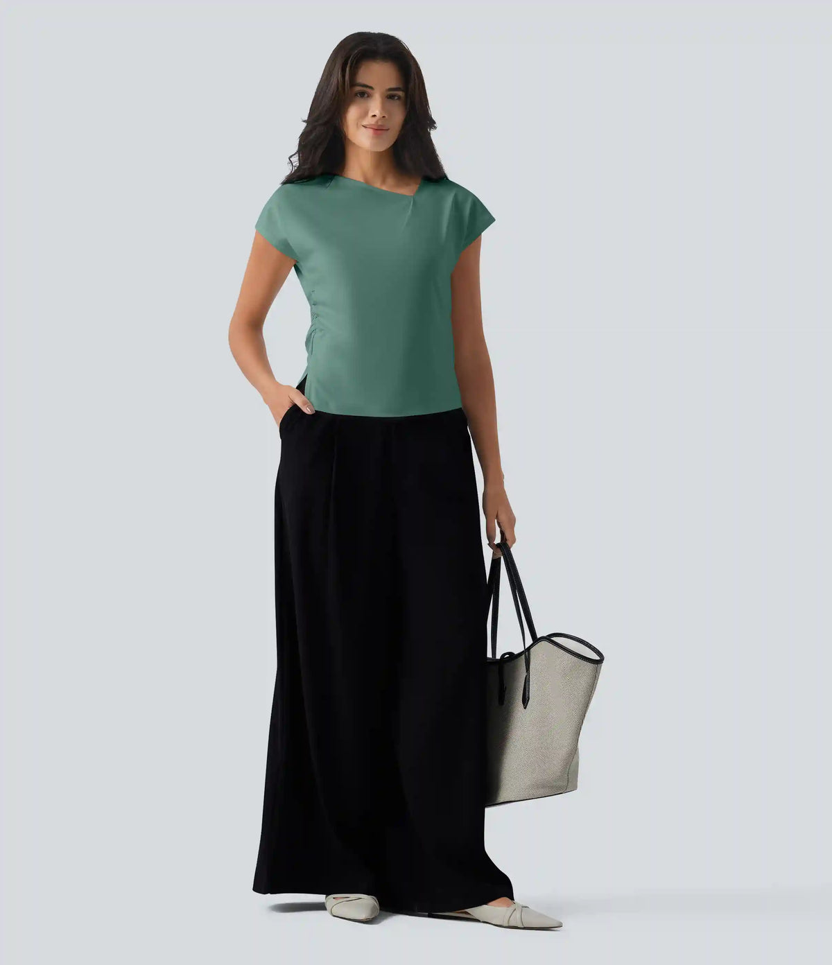 Asymmetric Cowl Neck Short Sleeve Ruched Split Hem Work Blouse