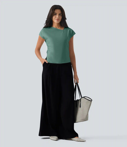 Asymmetric Cowl Neck Short Sleeve Ruched Split Hem Work Blouse