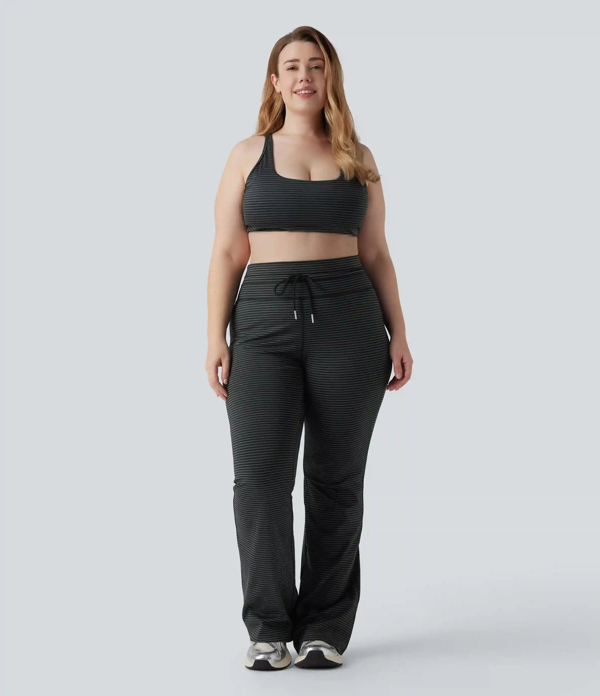 High Waisted Drawstring Stripe Flare Yoga Plus Size Pants with Pockets
